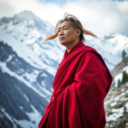 A serene male monk with flowing hair dressed in vibrant red robes, standing peacefully against a breathtaking cold mountainous background