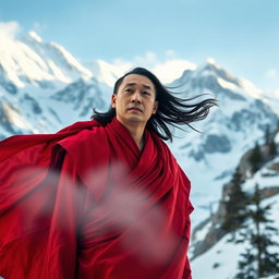 A serene male monk with flowing hair dressed in vibrant red robes, standing peacefully against a breathtaking cold mountainous background