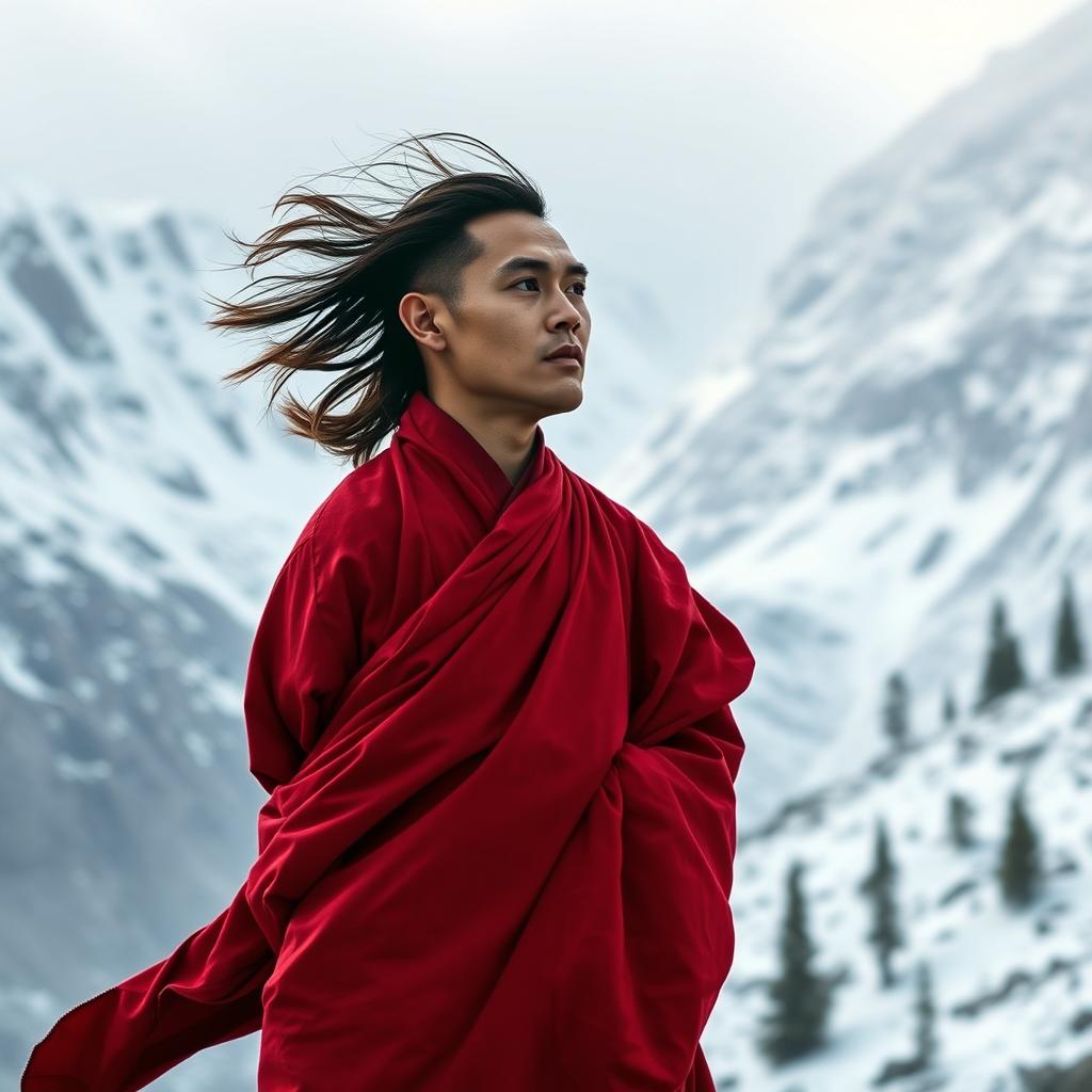 A serene male monk with flowing hair dressed in vibrant red robes, standing peacefully against a breathtaking cold mountainous background