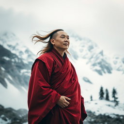 A serene male monk with flowing hair dressed in vibrant red robes, standing peacefully against a breathtaking cold mountainous background