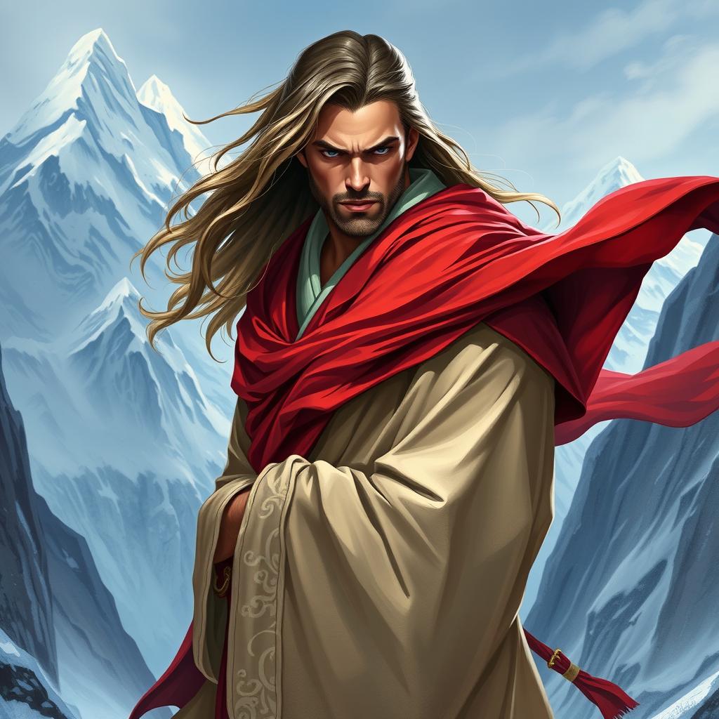 A dynamic D&D character portrait of a male monk, featuring long, flowing hair and donning striking red-tinted robes that billow elegantly around him