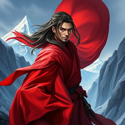 A dynamic D&D character portrait of a male monk, featuring long, flowing hair and donning striking red-tinted robes that billow elegantly around him