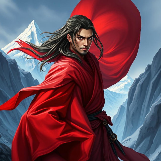 A dynamic D&D character portrait of a male monk, featuring long, flowing hair and donning striking red-tinted robes that billow elegantly around him