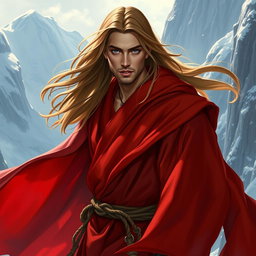 A dynamic D&D character portrait of a male monk, featuring long, flowing hair and donning striking red-tinted robes that billow elegantly around him
