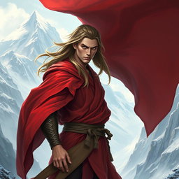A dynamic D&D character portrait of a male monk, featuring long, flowing hair and donning striking red-tinted robes that billow elegantly around him