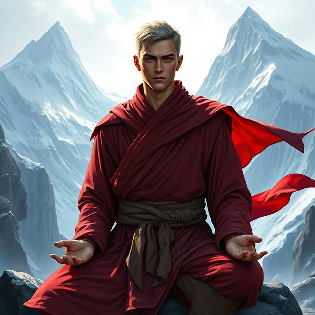 A captivating D&D character portrait of a male monk, featuring short hair and wearing striking red-tinted robes that flow elegantly around him