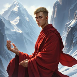 A captivating D&D character portrait of a male monk, featuring short hair and wearing striking red-tinted robes that flow elegantly around him
