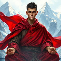 A captivating D&D character portrait of a male monk, featuring short hair and wearing striking red-tinted robes that flow elegantly around him