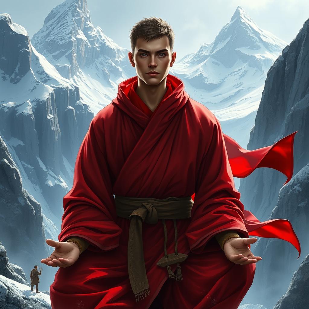 A captivating D&D character portrait of a male monk, featuring short hair and wearing striking red-tinted robes that flow elegantly around him