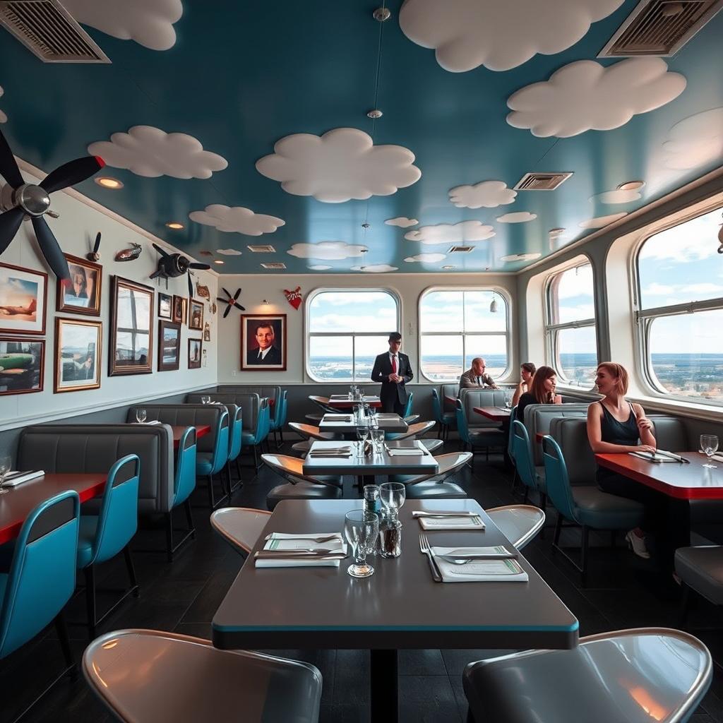 A whimsical airplane-themed restaurant featuring vintage aircraft decor, with airplane wings as tables and seats shaped like airplane seats