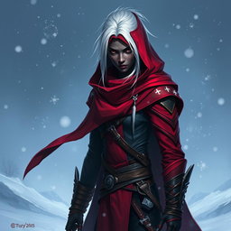 An intriguing D&D character portrait of a drow rogue, featuring dark skin and striking white hair, dressed in form-fitting red-tinted garments that blend style and functionality