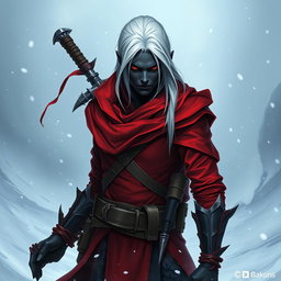 An intriguing D&D character portrait of a drow rogue, featuring dark skin and striking white hair, dressed in form-fitting red-tinted garments that blend style and functionality