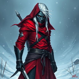 An intriguing D&D character portrait of a drow rogue, featuring dark skin and striking white hair, dressed in form-fitting red-tinted garments that blend style and functionality