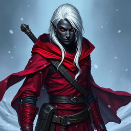 An intriguing D&D character portrait of a drow rogue, featuring dark skin and striking white hair, dressed in form-fitting red-tinted garments that blend style and functionality