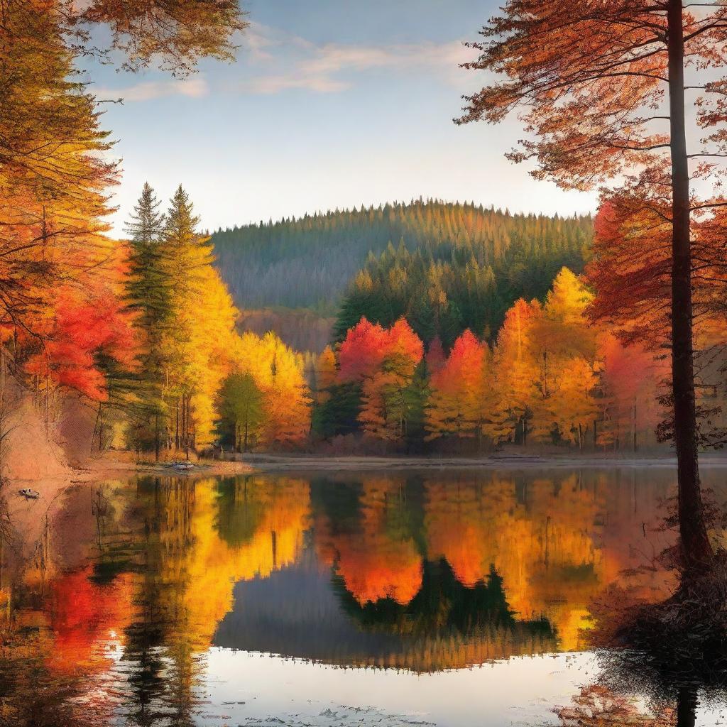 Sunset view of a forest with autumn colors. There should be a crystal clear lake with reflection of the vibrant trees. A deer drinking water at the side of the lake and birds flying back to their nests.