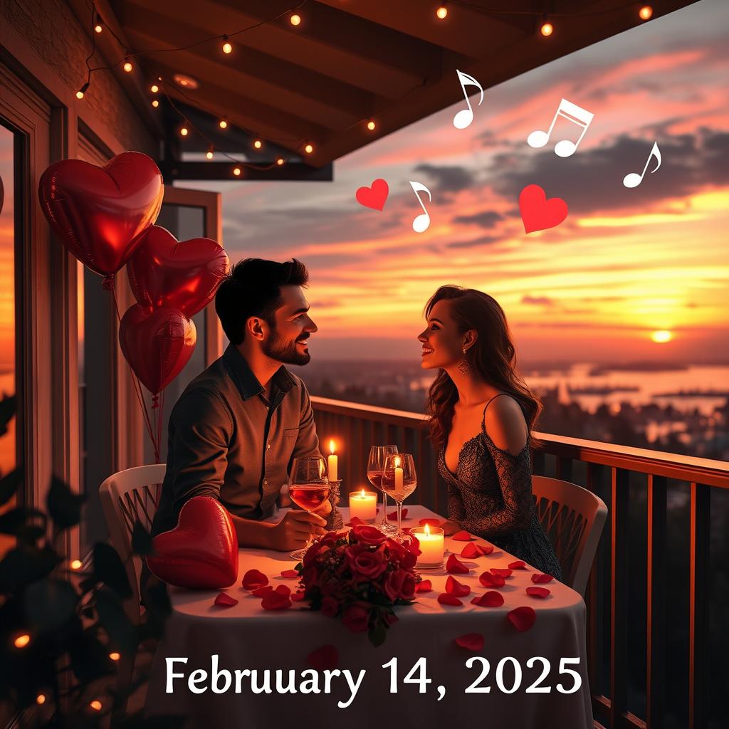 A picturesque Valentine's Day scene set on February 14, 2025, showcasing a romantic couple having a candlelit dinner on a balcony adorned with fairy lights, overlooking a beautiful sunset