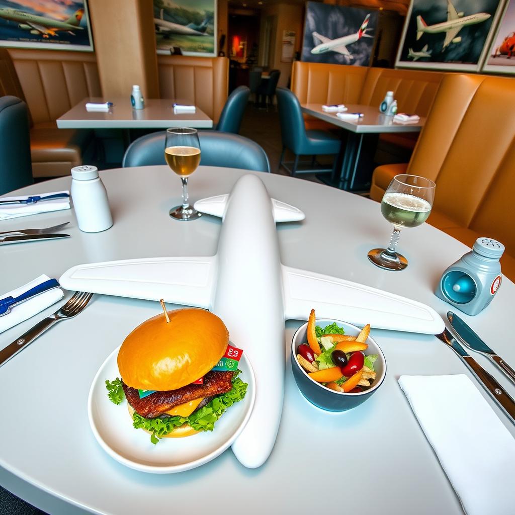 A beautifully arranged airplane-themed dining table set in a restaurant, featuring a creative meal presentation