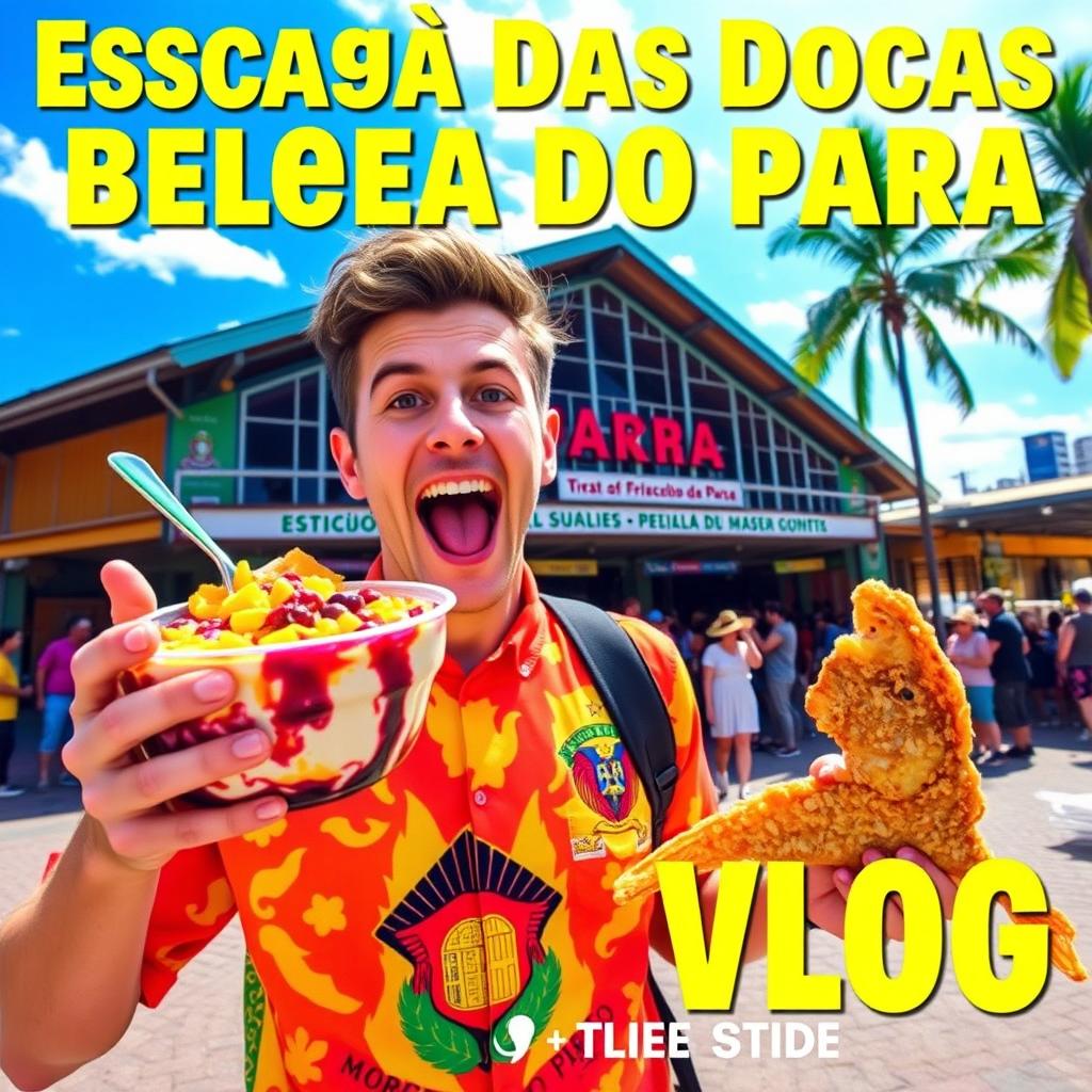 A vibrant and eye-catching vlog thumbnail set at the Estação das Docas in Belém do Pará