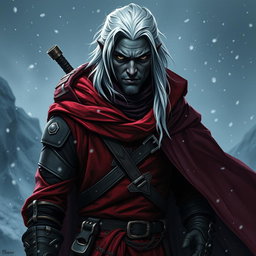A striking D&D character portrait of a male drow rogue, characterized by dark skin and white hair, clad in dark red-tinted garments that are both sleek and tactical