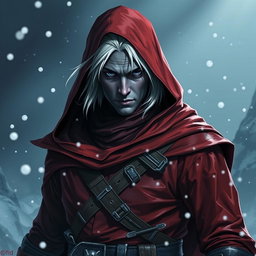 A striking D&D character portrait of a male drow rogue, characterized by dark skin and white hair, clad in dark red-tinted garments that are both sleek and tactical
