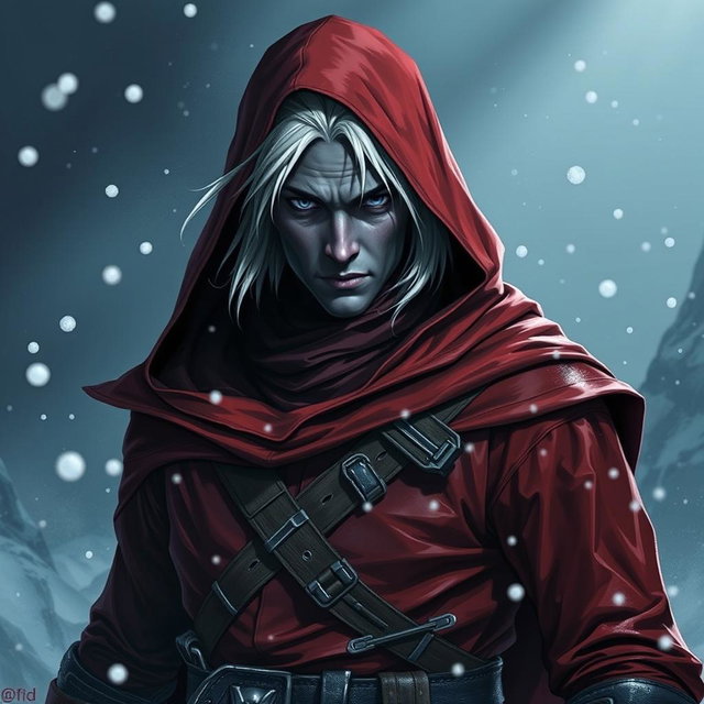 A striking D&D character portrait of a male drow rogue, characterized by dark skin and white hair, clad in dark red-tinted garments that are both sleek and tactical