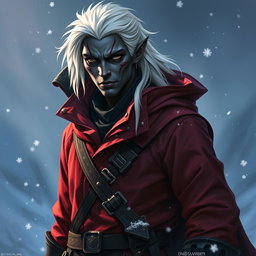 A striking D&D character portrait of a male drow rogue, characterized by dark skin and white hair, clad in dark red-tinted garments that are both sleek and tactical