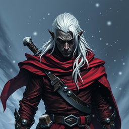 A striking D&D character portrait of a male drow rogue, characterized by dark skin and white hair, clad in dark red-tinted garments that are both sleek and tactical