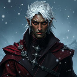 An elegant D&D character portrait of a male drow rogue, exuding an air of royalty and sophistication