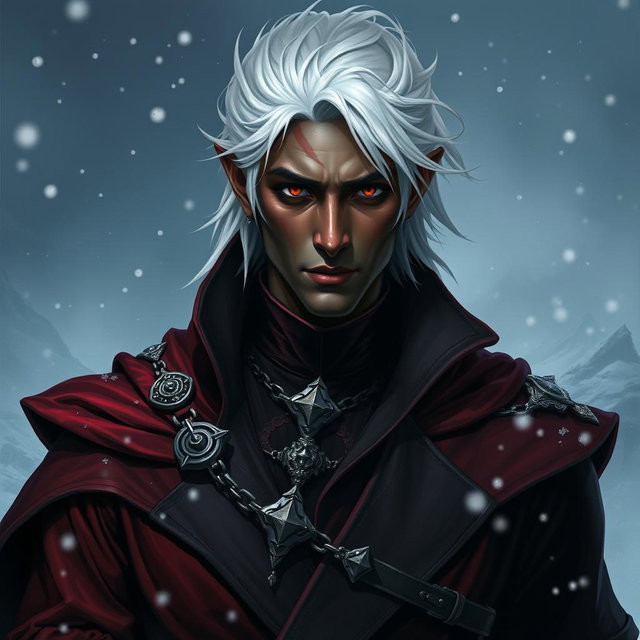 An elegant D&D character portrait of a male drow rogue, exuding an air of royalty and sophistication