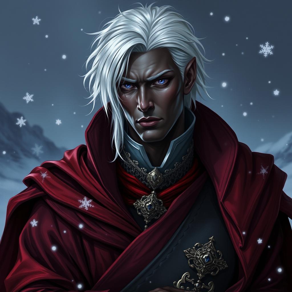 An elegant D&D character portrait of a male drow rogue, exuding an air of royalty and sophistication