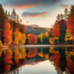 Sunset view of a forest with autumn colors. There should be a crystal clear lake with reflection of the vibrant trees. A deer drinking water at the side of the lake and birds flying back to their nests.