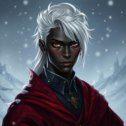 A portrait of a young male drow rogue exuding royalty and elegance