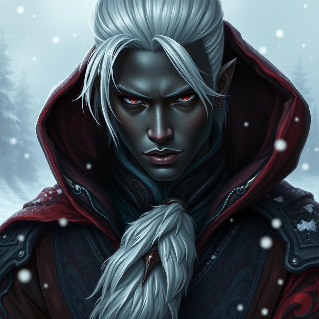 A portrait of a young male drow rogue exuding royalty and elegance