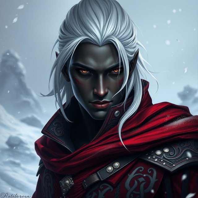 A portrait of a young male drow rogue exuding royalty and elegance