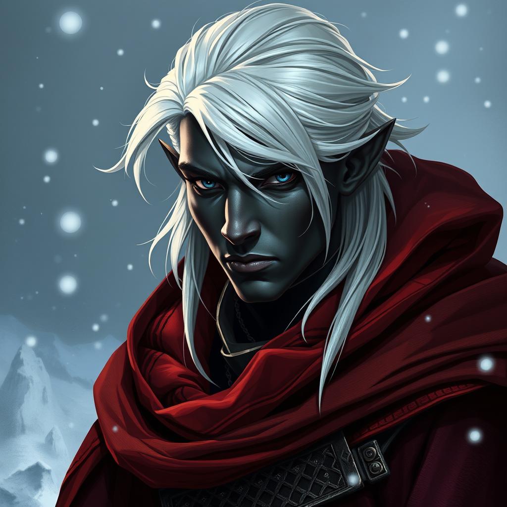 A portrait of a 30-year-old male drow rogue embodying mystique and elegance