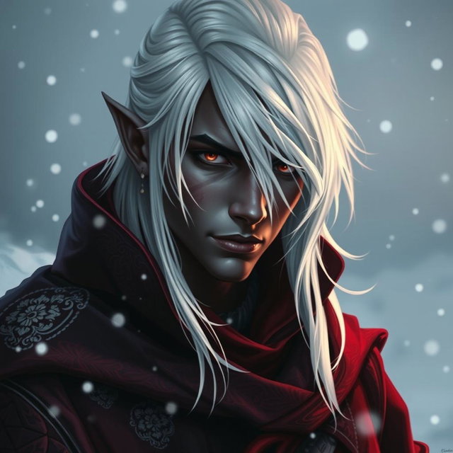 A portrait of a 30-year-old male drow rogue embodying mystique and elegance