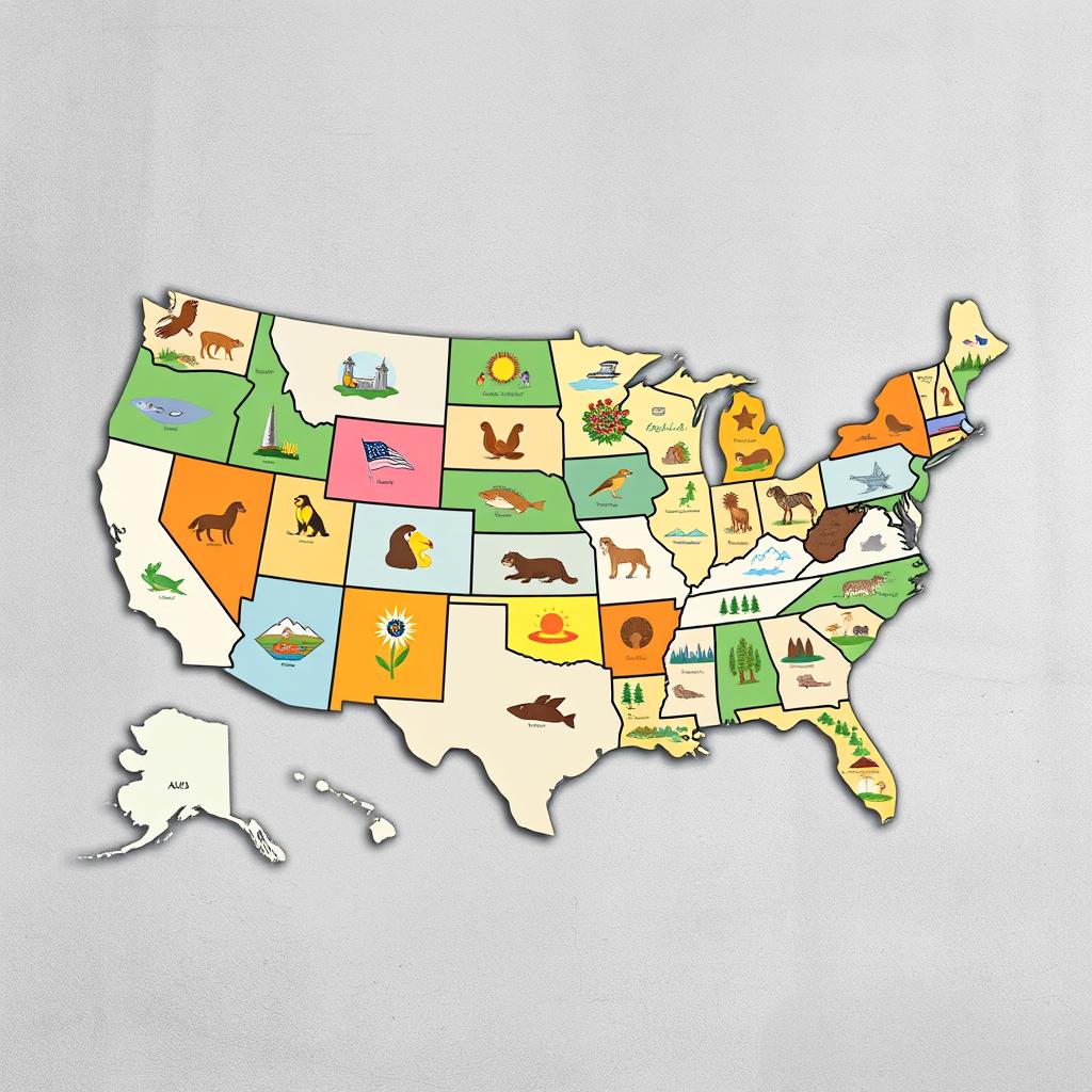 A creative representation of 30-50 stylized state maps of the USA, each one uniquely designed to highlight various cultural aspects, notable landmarks, and geographical features