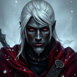 A portrait of a 30-year-old male drow rogue, radiating an air of mystique and elegance