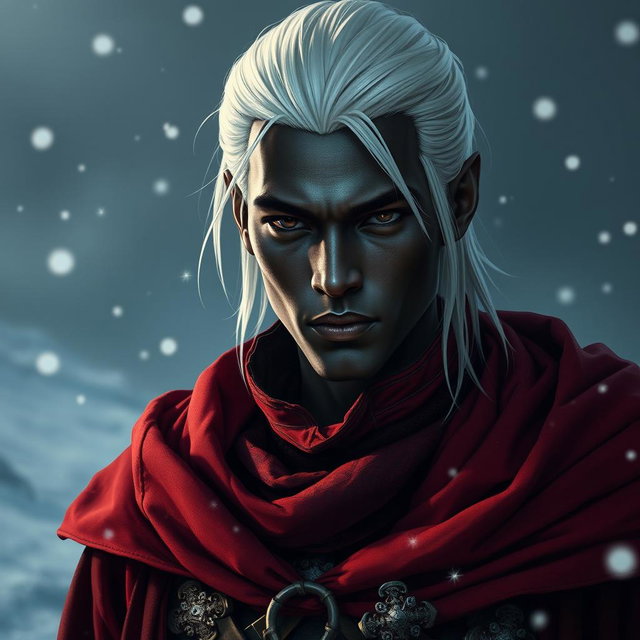 A portrait of a 30-year-old male drow rogue, radiating an air of mystique and elegance