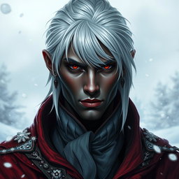 A portrait of a 30-year-old male drow rogue, radiating an air of mystique and elegance