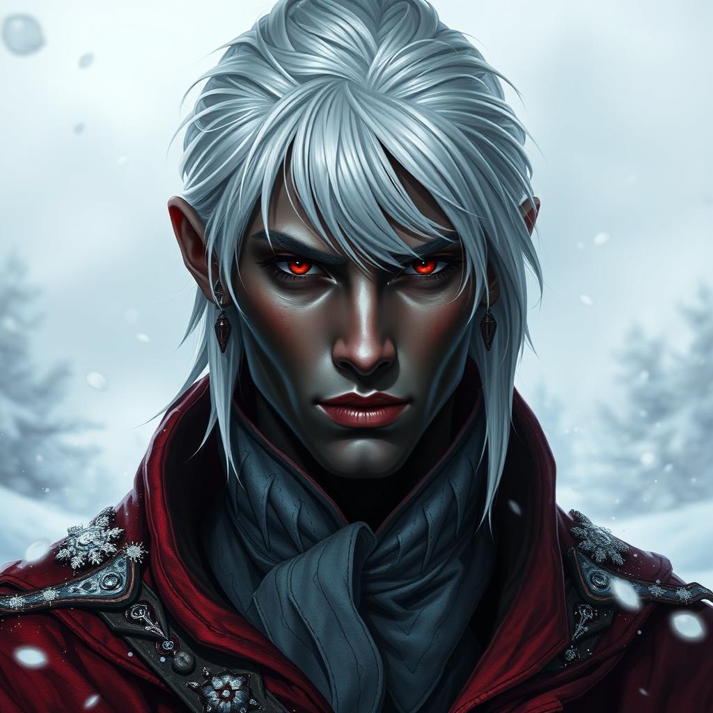 A portrait of a 30-year-old male drow rogue, radiating an air of mystique and elegance