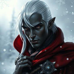 A portrait of a 30-year-old male drow rogue, radiating an air of mystique and elegance