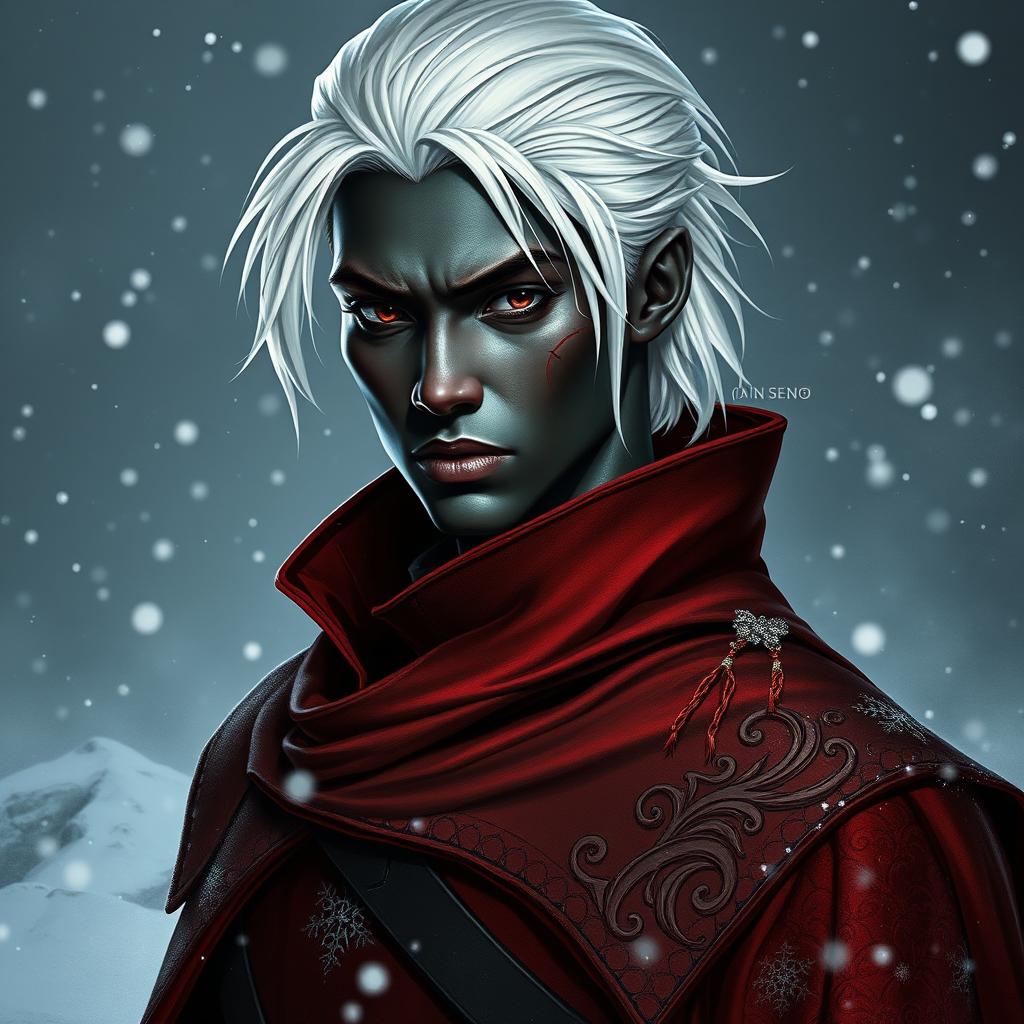 A portrait of a 30-year-old male drow rogue, embodying mystique and elegance