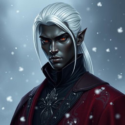 A portrait of a 30-year-old male drow rogue, embodying mystique and elegance