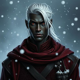 A portrait of a 30-year-old male drow rogue, embodying mystique and elegance