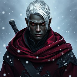 A portrait of a 30-year-old male drow rogue, embodying mystique and elegance