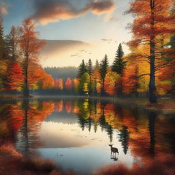 Sunset view of a forest with autumn colors. There should be a crystal clear lake with reflection of the vibrant trees. A deer drinking water at the side of the lake and birds flying back to their nests.