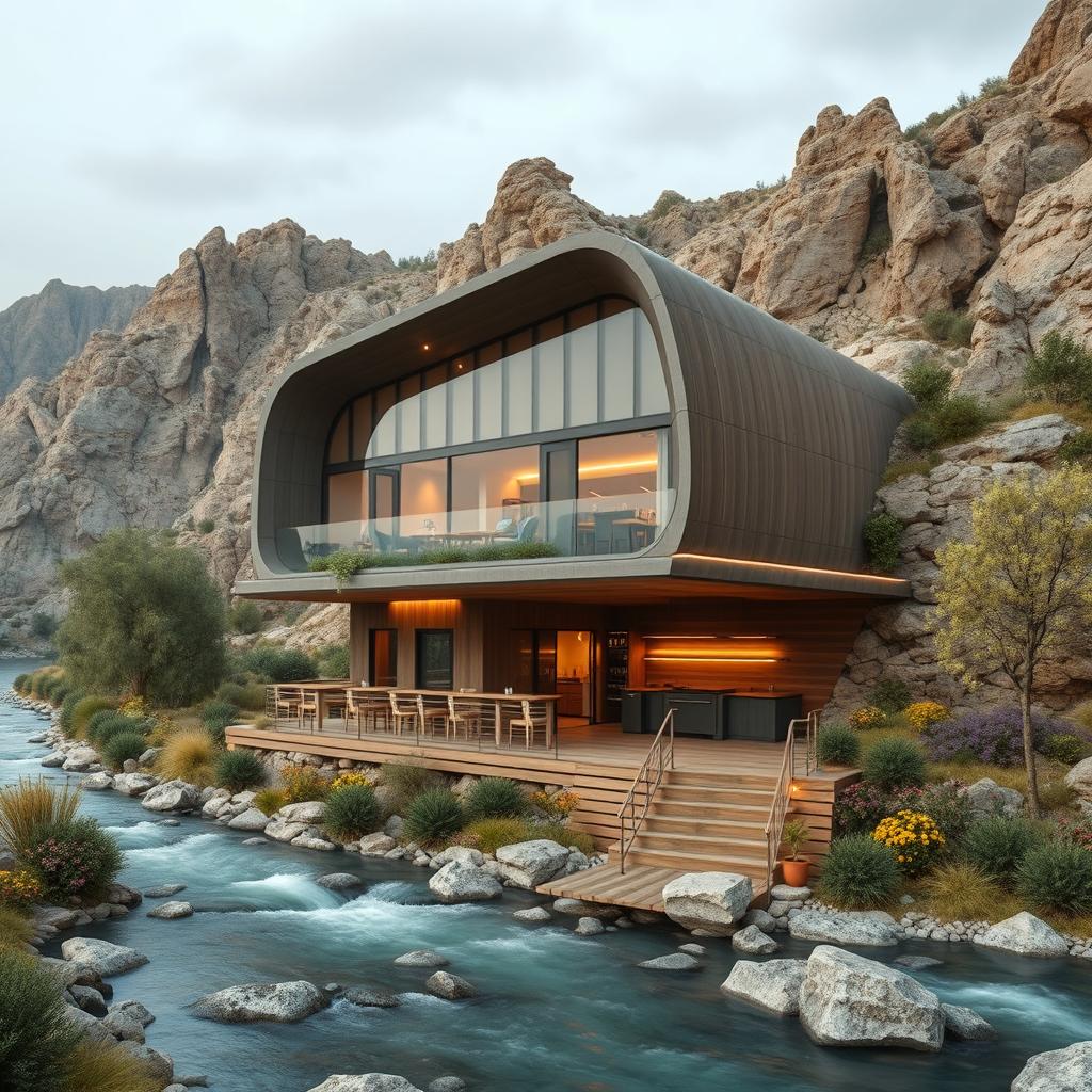 A two-story café designed with a futuristic Iranian architectural style and bionic elements, nestled at the foot of a rocky mountain to the north and adjacent to a flowing river to the south