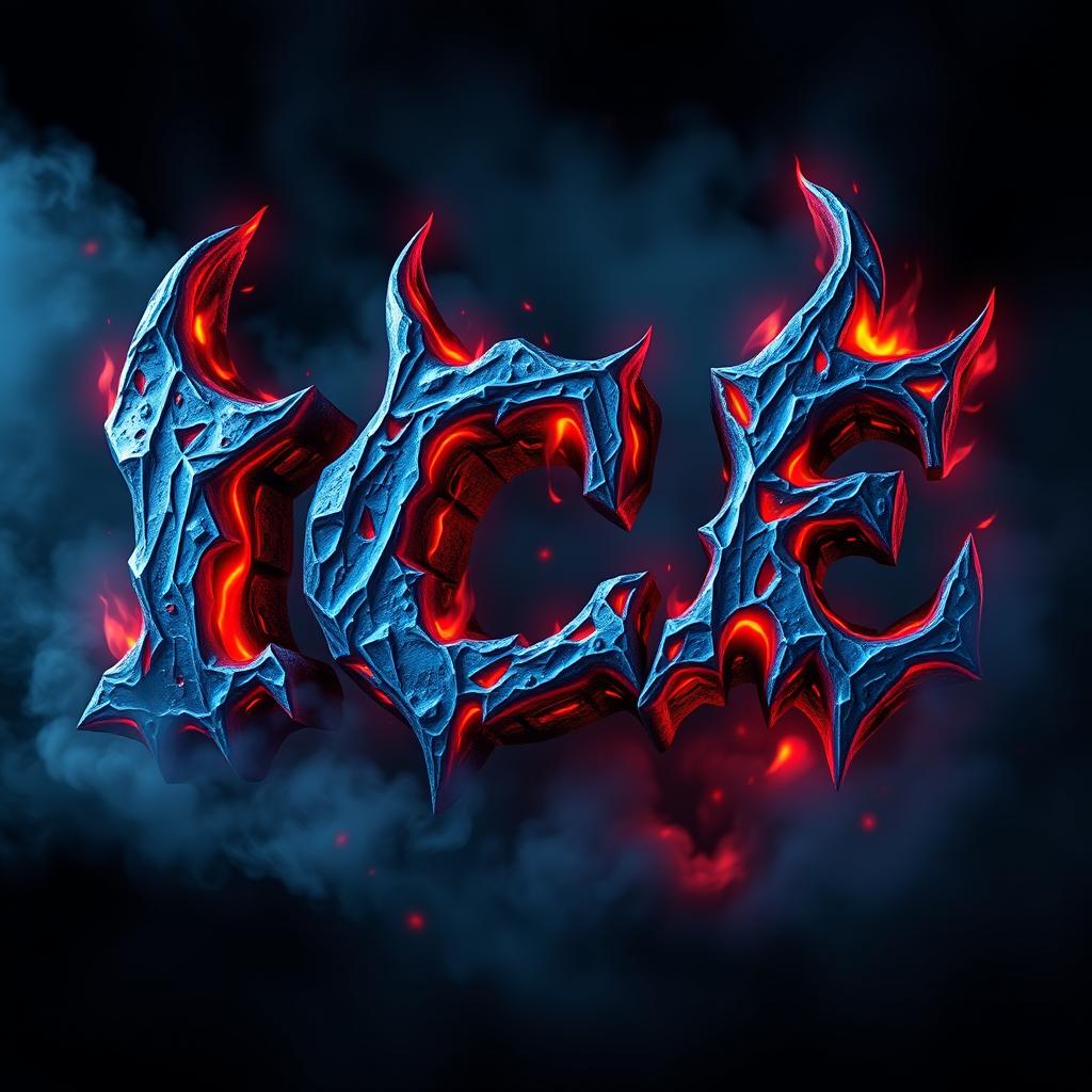 A stylized 3D representation of the word 'Ice' with a demonic theme