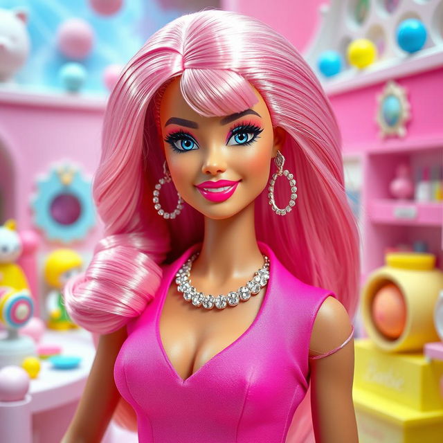 A stylish and glamorous depiction of a person as a Barbie doll, featuring vibrant pink clothing, sparkling accessories, and perfect, shiny hair